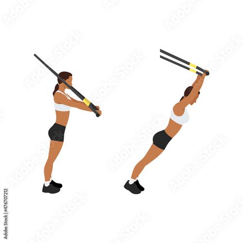 Woman doing Standing TRX Suspension strap ab rollout. abdominal roller exercise side view. vector illustration isolated on background