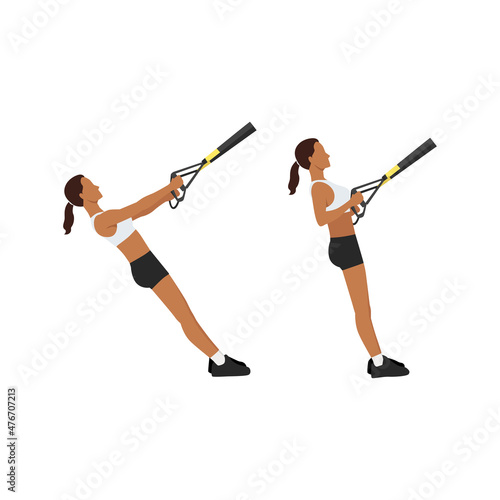Woman doing TRX Suspension strap rows exercise. Flat vector illustration isolated on white background
