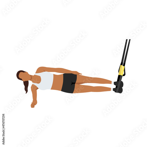 Woman doing TRX. Suspension side plank. Abdominals exercise. Flat vector illustration isolated on white background.Editable file with layers