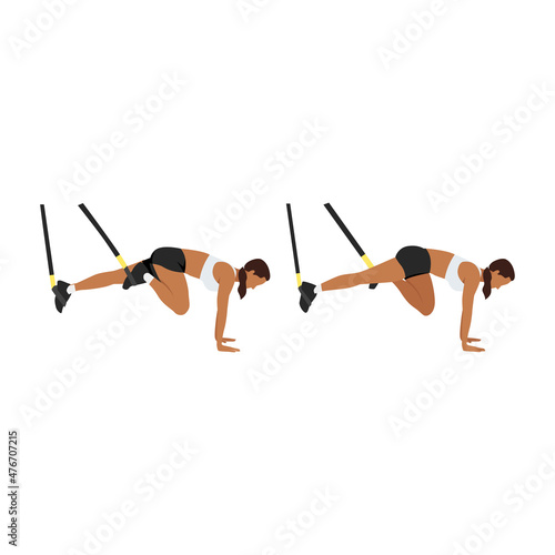 Woman doing TRX Suspension strap Mountain climber exercise. Flat vector illustration isolated on white background