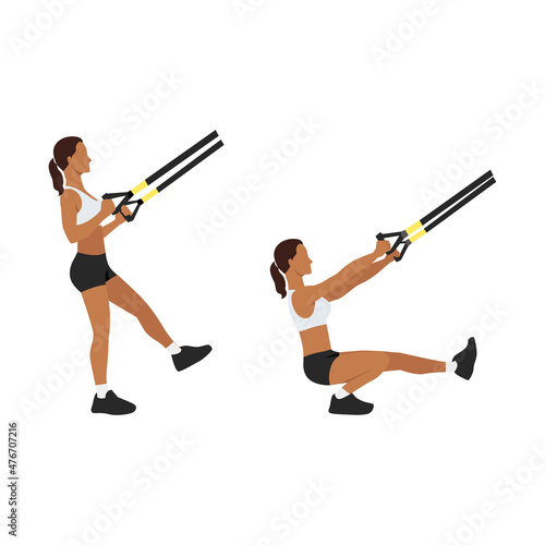 Woman doing TRX Pistol. Single leg Squat. extended arm exercise. Flat vector illustration isolated on white background