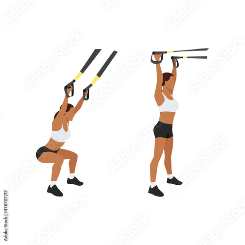 Woman doing TRX Suspension straps overhead squats exercise. Flat vector illustration isolated on white background