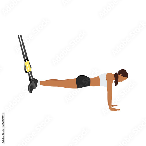 Woman doing TRX. Suspension planks exercise. Flat vector illustration isolated on white background. Total Body Resistance Exercise Suspension