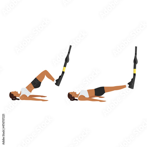 Woman doing TRX Suspension strap hamstring. Leg curls exercise. Flat vector illustration isolated on white background