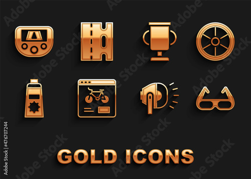 Set Bicycle rental mobile app, wheel, Sport cycling sunglasses, head lamp, Sunscreen cream tube, Award cup with bicycle, Gps device map and lane icon. Vector