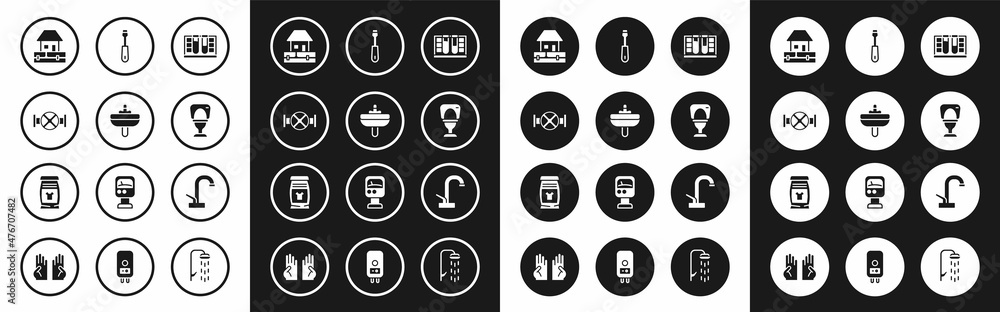 Set Test tube with water drop, Washbasin, Industry pipe and valve, Water supply pipes, Toilet bowl, Screwdriver, tap and Laundry detergent icon. Vector Set Test tube with water drop, Washbasin, Industry pipe and valve, Water supply pipes, Toilet bowl, Screwdriver, tap and Laundry detergent icon. Vector
