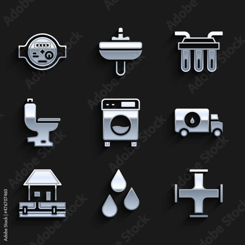 Set Washer, Water drop, Industry metallic pipe, Plumber service car, supply pipes, Toilet bowl, filter and meter icon. Vector