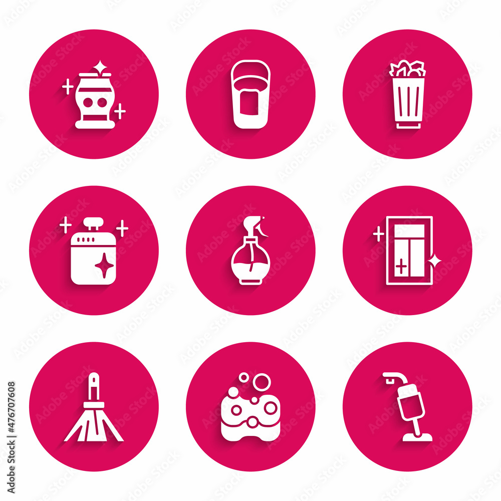 Set Water spray bottle, Sponge, Vacuum cleaner, Cleaning service for window, Handle broom, cooking pot, Full trash can and vase icon. Vector Set Water spray bottle, Sponge, Vacuum cleaner, Cleaning service for window, Handle broom, cooking pot, Full trash can and vase icon. Vector