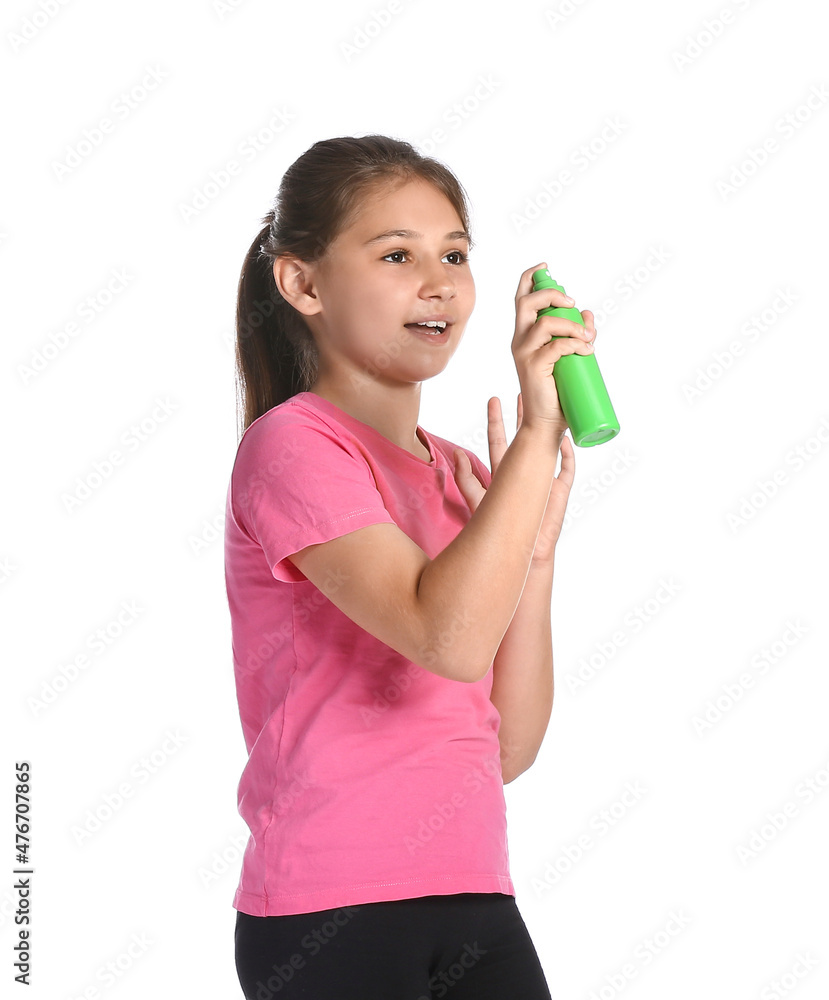 Little girl with mosquito repellent on white background Little girl with mosquito repellent on white background