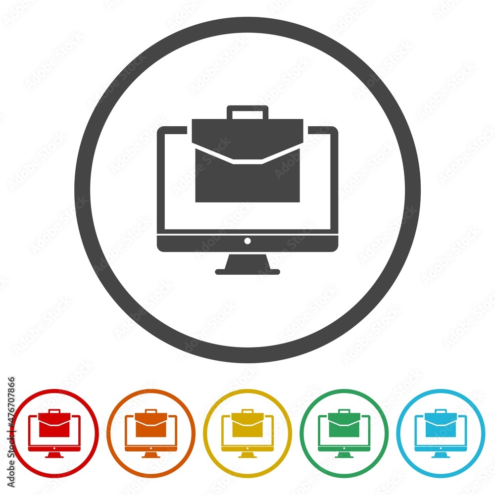 Working briefcase and monitor icon isolated on white background, color set Working briefcase and monitor icon isolated on white background, color set