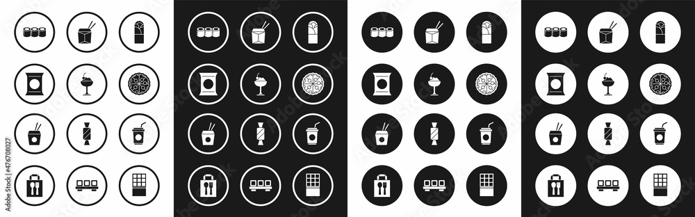 Set Doner kebab, Ice cream in bowl, Bag or packet potato chips, Sushi, Pizza, Asian noodles and chopsticks, Paper glass with straw and icon. Vector Set Doner kebab, Ice cream in bowl, Bag or packet potato chips, Sushi, Pizza, Asian noodles and chopsticks, Paper glass with straw and icon. Vector