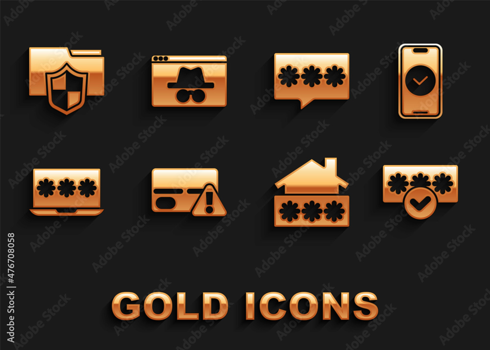 Set Credit card, Smartphone, Password protection, House with password, Laptop, Document folder and Browser incognito window icon. Vector Set Credit card, Smartphone, Password protection, House with password, Laptop, Document folder and Browser incognito window icon. Vector