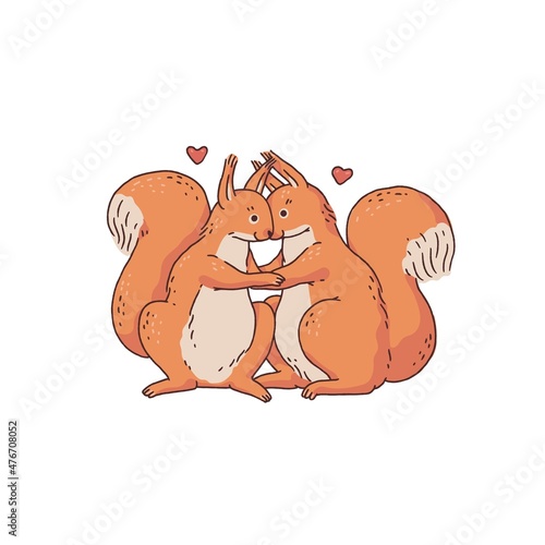 Red couple loving squirrels with hearts. Cartoon outline sketch illustration of cute animal character.