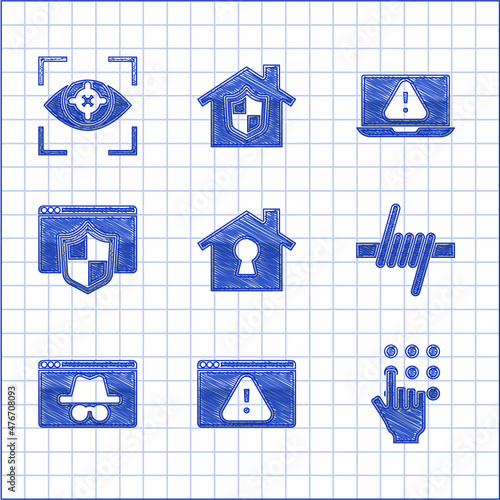 Set House under protection, Browser with exclamation mark, Password, Barbed wire, incognito window, shield, Laptop and Eye scan icon. Vector