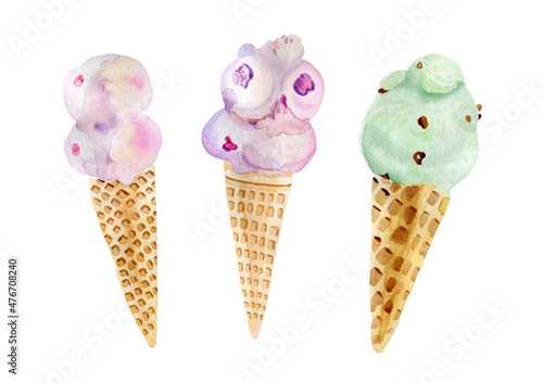 watercolor food illustration ice cream in a waffle cone by hand