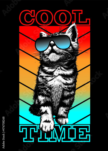 Kitten cat  with sunglesses and slogan cool time. Print for boys t shirt. Vector illustration.