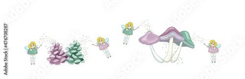 Cute funny dressed cartoon fairies dress up fairytale bumps and mushrooms with colorful glowing lights. Festive magic composition or decorative element in pink, lilac and light green pastel colors.