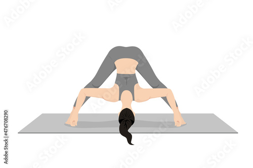 Intense Leg Stretch Pose D, Prasarita Padottanasana D, Wide Legged Forward Fold Pose D, Standing Straddle Forward Bend D, Wide Angle Forward Fold D  Young attractive woman practicing yoga exercise.