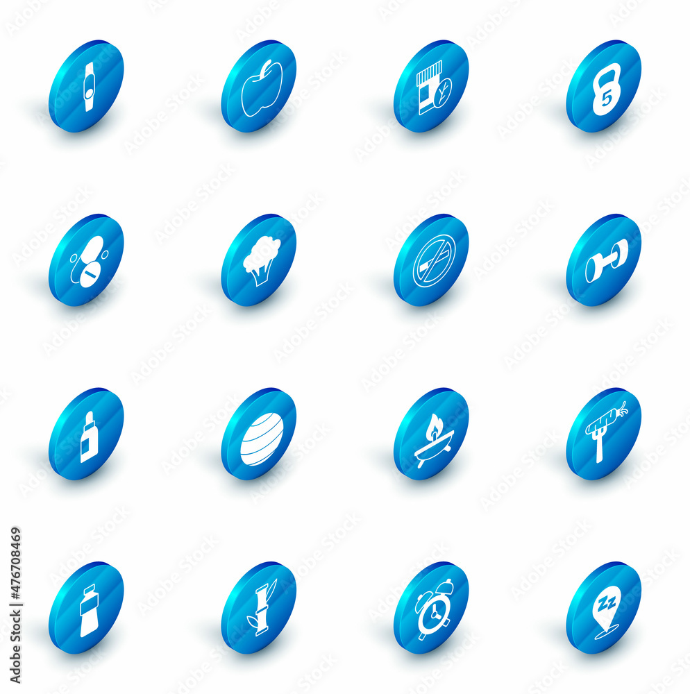Set Apple, Vitamin pill, Weight, Essential oil bottle, Broccoli, Dumbbell and No Smoking icon. Vector Set Apple, Vitamin pill, Weight, Essential oil bottle, Broccoli, Dumbbell and No Smoking icon. Vector