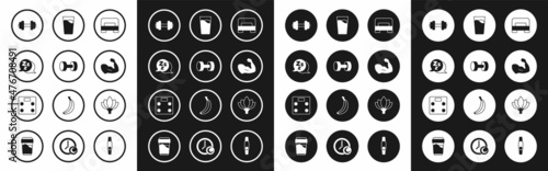 Set Big bed, Dumbbell, Sleepy, Bodybuilder muscle, Glass with water, Lotus flower and Bathroom scales icon. Vector