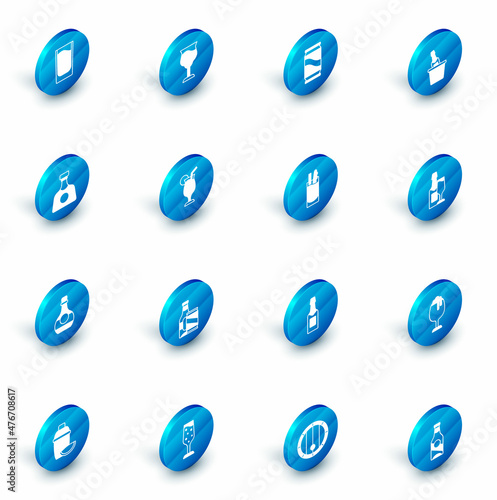 Set Wine glass, Beer can, Champagne ice bucket, Tequila bottle, Bottle of cognac or brandy, Cocktail, and Bloody Mary icon. Vector