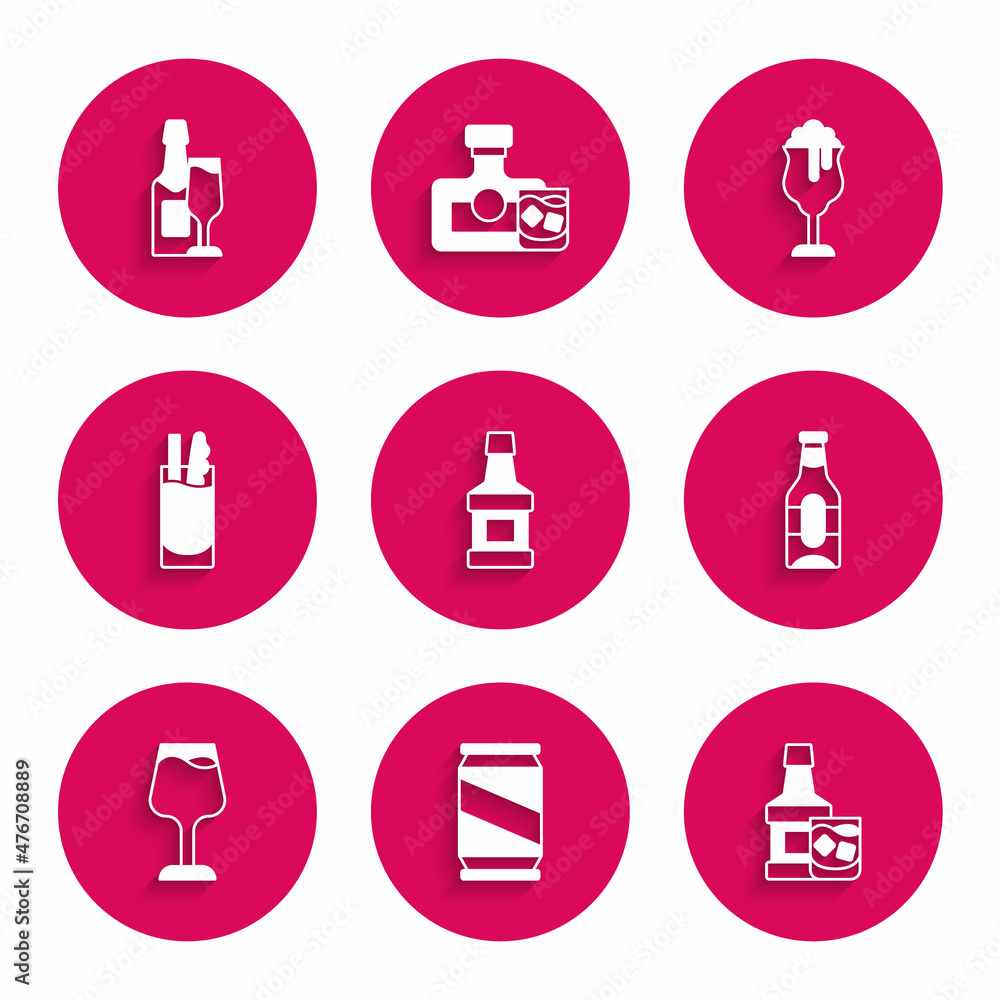 Set Whiskey bottle, Beer can, and glass, Wine, Cocktail Bloody Mary, Glass of beer and Champagne icon. Vector Set Whiskey bottle, Beer can, and glass, Wine, Cocktail Bloody Mary, Glass of beer and Champagne icon. Vector
