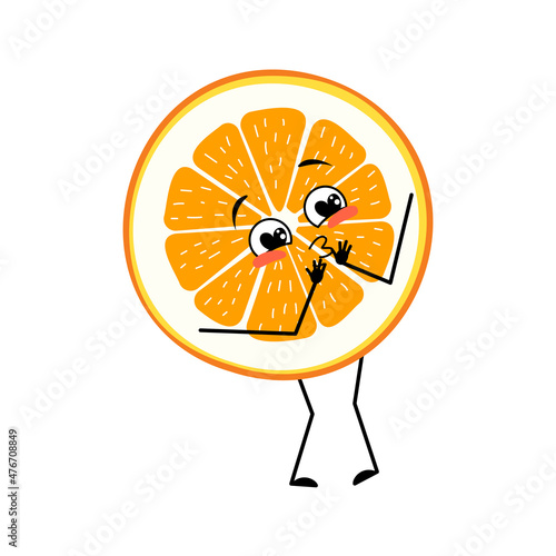 Orange character with love emotions, smile face, arms and legs. Citrus slice person with happy expression, fruit emoticon