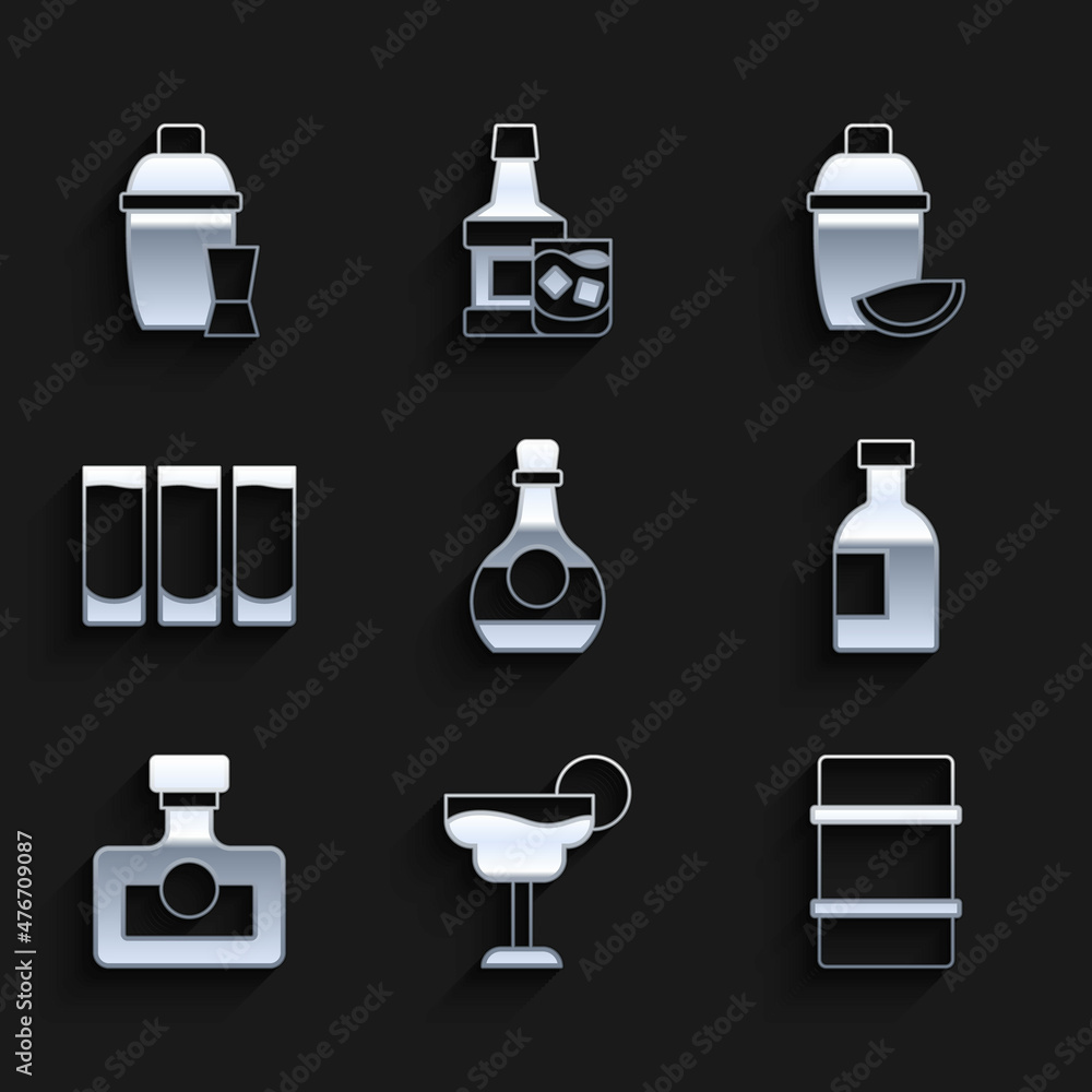 Set Bottle of cognac or brandy, Cocktail, Metal beer keg, Glass bottle vodka, Alcohol drink Rum, Shot glass, shaker with lime and icon. Vector Set Bottle of cognac or brandy, Cocktail, Metal beer keg, Glass bottle vodka, Alcohol drink Rum, Shot glass, shaker with lime and icon. Vector