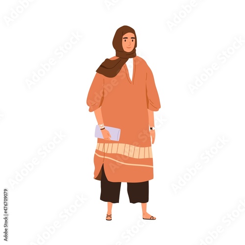 Muslim woman in hijab portrait. Arab female wearing headscarf and modern outfit. Saudi Arabian person in casual clothes and traditional headdress. Flat vector illustration isolated on white background