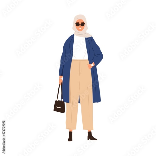Arab woman portrait. Modern Muslim female wearing hijab, sunglasses and fashion clothes. Arabian person in stylish outfit and headscarf. Flat graphic vector illustration isolated on white background