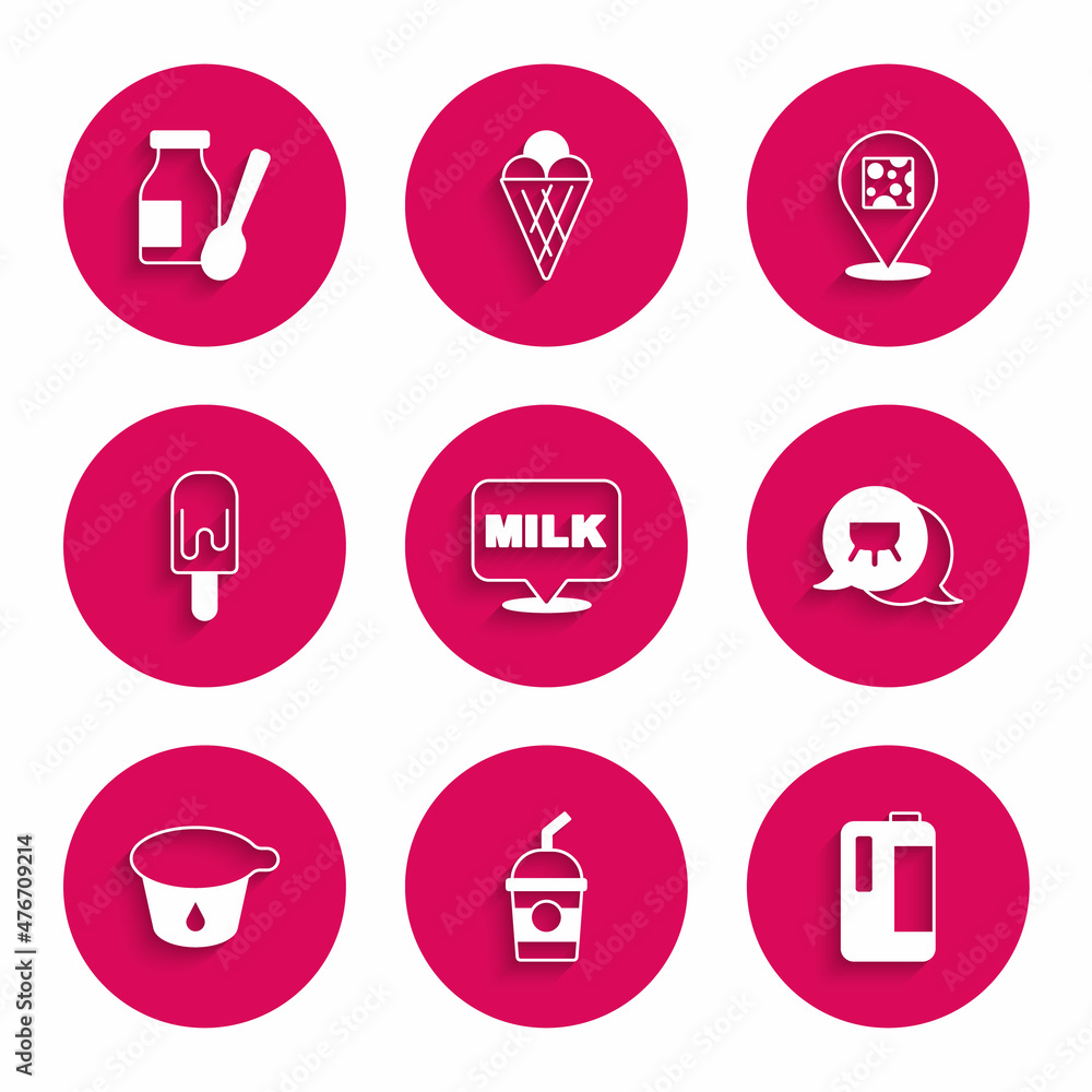 Set Lettering milk, Milkshake, plastic bottle, Udder, Yogurt container, Ice cream, Cheese and Drinking yogurt icon. Vector Set Lettering milk, Milkshake, plastic bottle, Udder, Yogurt container, Ice cream, Cheese and Drinking yogurt icon. Vector