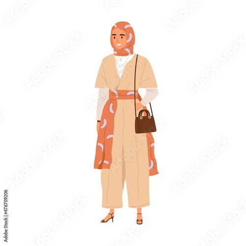 Modern Muslim woman in hijab and trendy fashion outfit. Arab female wearing headscarf. Oriental Arabian person in stylish clothes and headwear. Flat vector illustration isolated on white background