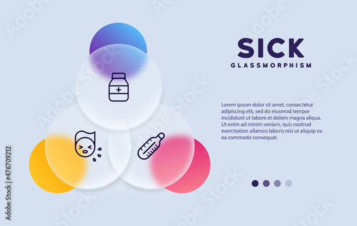 Sick icon vector. Stay home concept. Healthcare. Can be used for advertising and banner. Icon set in glassmorphism style. Realistic glass morphism effect
