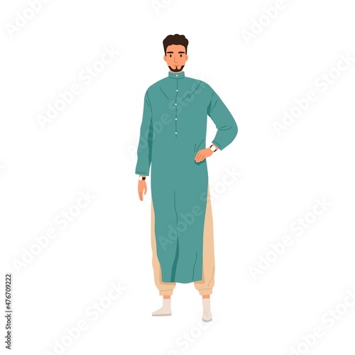 Muslim man wearing traditional Arab clothes, thobe. Saudi Arabian guy in eastern outfit, pants and tunic. Modern oriental person portrait. Flat vector illustration isolated on white background