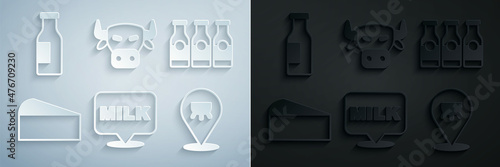 Set Lettering milk, Bottle with, Cheese, Udder, Cow head and icon. Vector