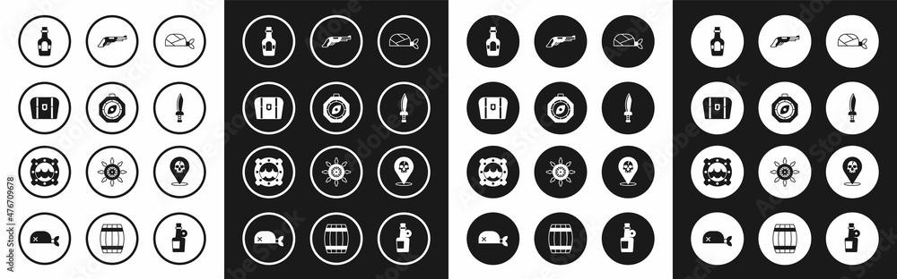 Set Pirate bandana for head, Compass, Antique treasure chest, Alcohol drink Rum, sword, Vintage pistol, Location pirate and Ship porthole with seascape icon. Vector Set Pirate bandana for head, Compass, Antique treasure chest, Alcohol drink Rum, sword, Vintage pistol, Location pirate and Ship porthole with seascape icon. Vector