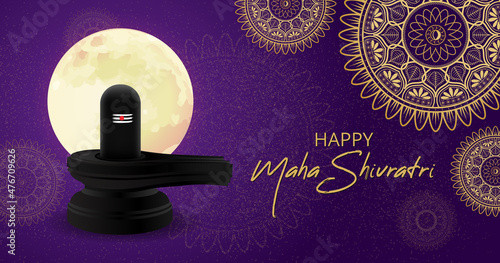 Maha Shivratri with Shivling, Lingam, Moon and Mandala Traditional Hindu Festival Poster. Website header. Banner Design Template Vector Illustration