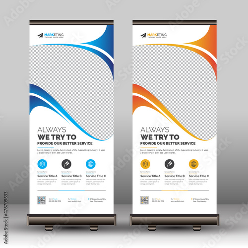 Modern Red, Blue, and Yellow Business Roll Up Banner Signage Template Set Unique Design | Print Ready Corporate Standee Layout for Office, Company, and Multipurpose Use