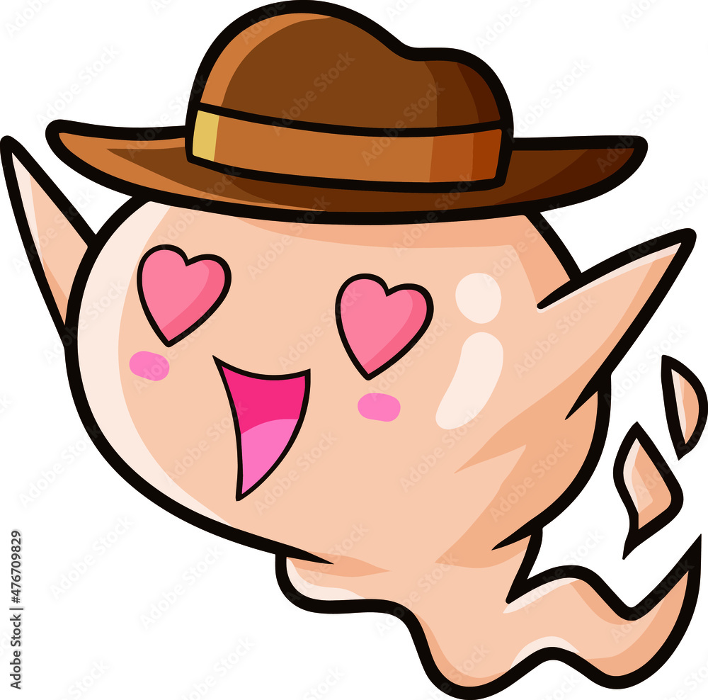 Cute light brown ghost wearing hat falling in love