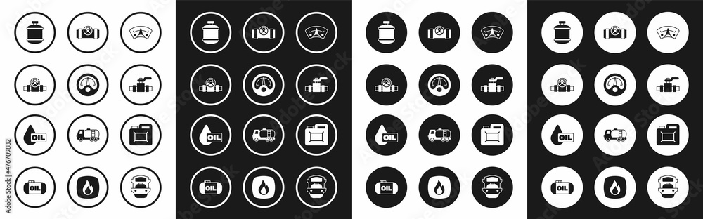 Set Motor gas gauge, Metallic pipes and valve, Propane tank, Canister for motor oil and Oil drop icon. Vector Set Motor gas gauge, Metallic pipes and valve, Propane tank, Canister for motor oil and Oil drop icon. Vector