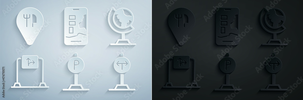 Set Parking, Earth globe, Road traffic sign, Fork the road, City map navigation and Cafe and restaurant location icon. Vector Set Parking, Earth globe, Road traffic sign, Fork the road, City map navigation and Cafe and restaurant location icon. Vector