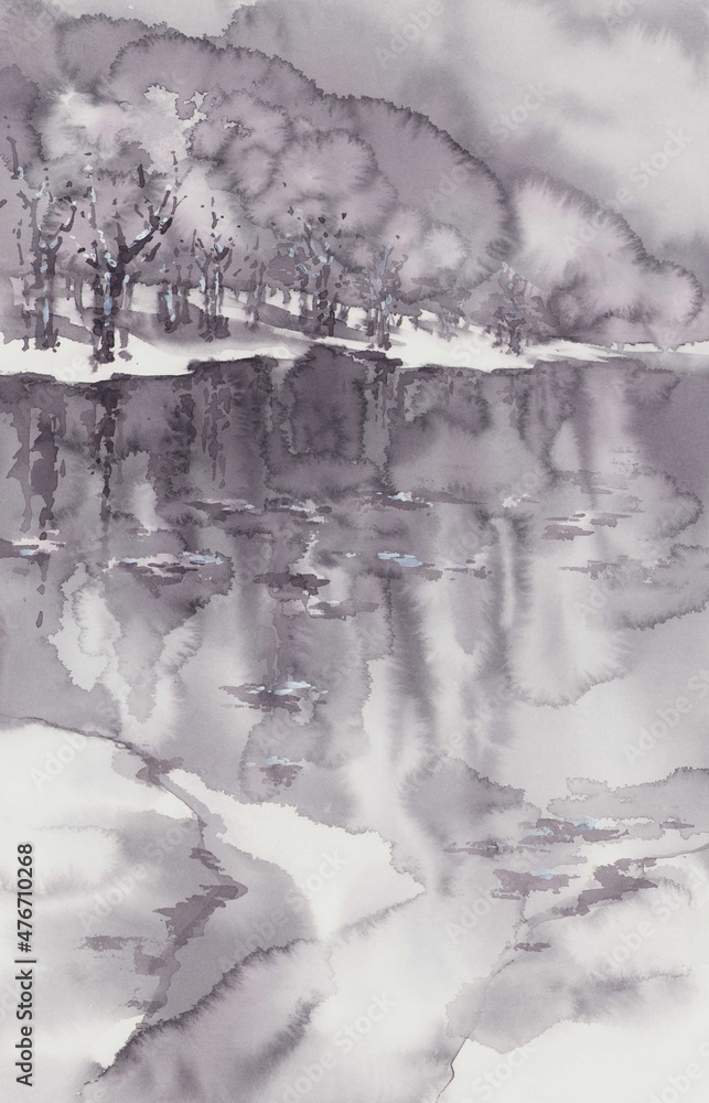 Fototapeta Winter landscape in grey color watercolor background