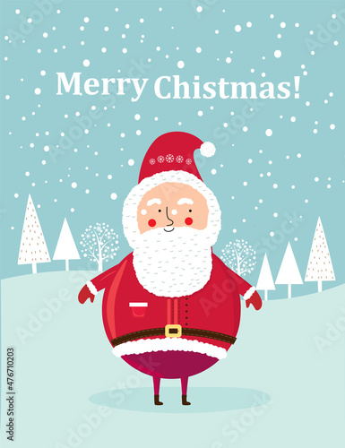New year card with santa claus in the winter forest. Vector graphics in scandinavian style