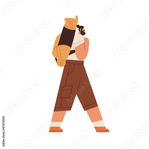 Hiker with backpack walking. Man backpacker hiking. Tourist trekking, traveli...
