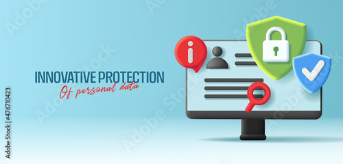 Desktop 3d illustration with cyber protection symbols of shield with padlock, info nitification and magnifying glass