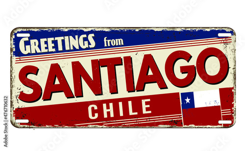 Greetings from Santiago vintage rusty metal plate on a white background, vector illustration