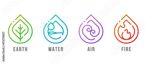 4 elements of nature symbols - earth water air and fire symbols with line modern in drop shape style vector design