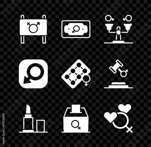 Set Feminist activist, Money growth woman, Gender equality, Lipstick, Female vote right, gender, Male and Packaging of birth control pills icon. Vector