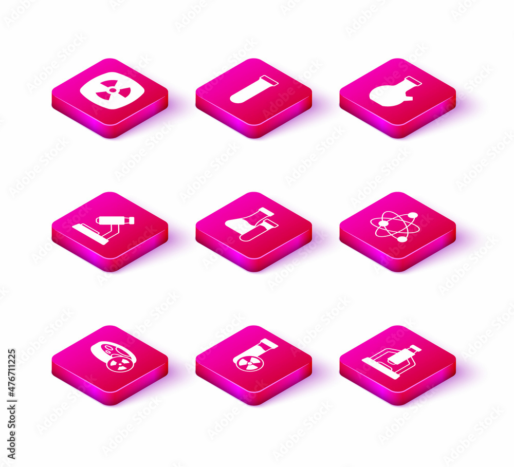 Set Test tube with toxic liquid, Microscope, Atom, and icon. Vector Set Test tube with toxic liquid, Microscope, Atom, and icon. Vector