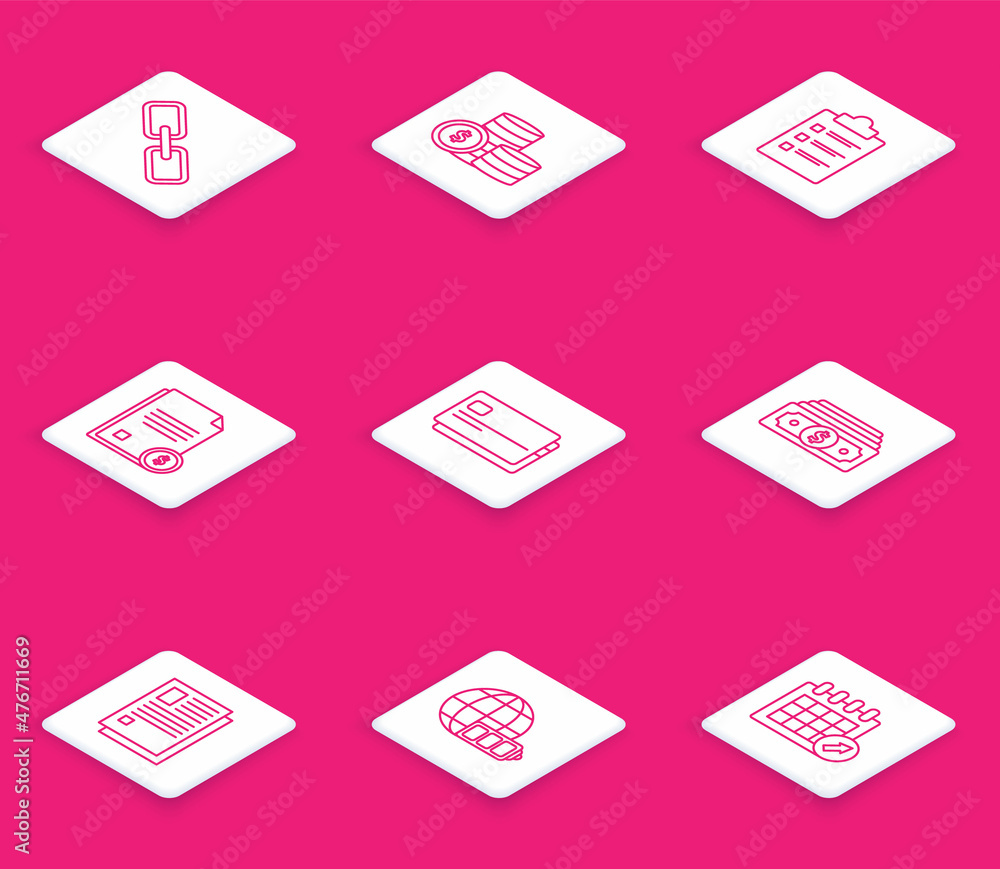 Set line Chain link, Coin money with dollar symbol, Clipboard checklist, Finance document, Credit card, Stacks paper cash, File and Battery charge level indicator earth globe icon. Vector Set line Chain link, Coin money with dollar symbol, Clipboard checklist, Finance document, Credit card, Stacks paper cash, File and Battery charge level indicator earth globe icon. Vector